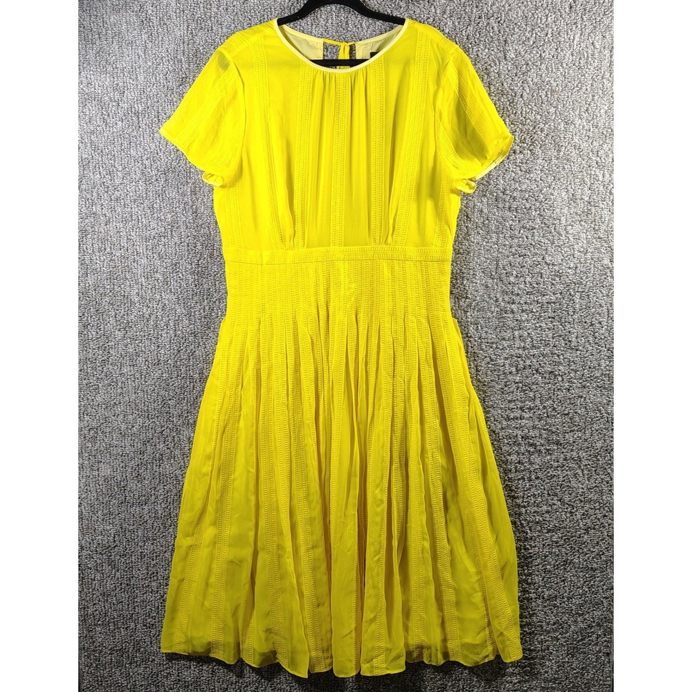 J.Crew Yellow Lace Trim Pleated Midi Dress Smocked Waist Women 16